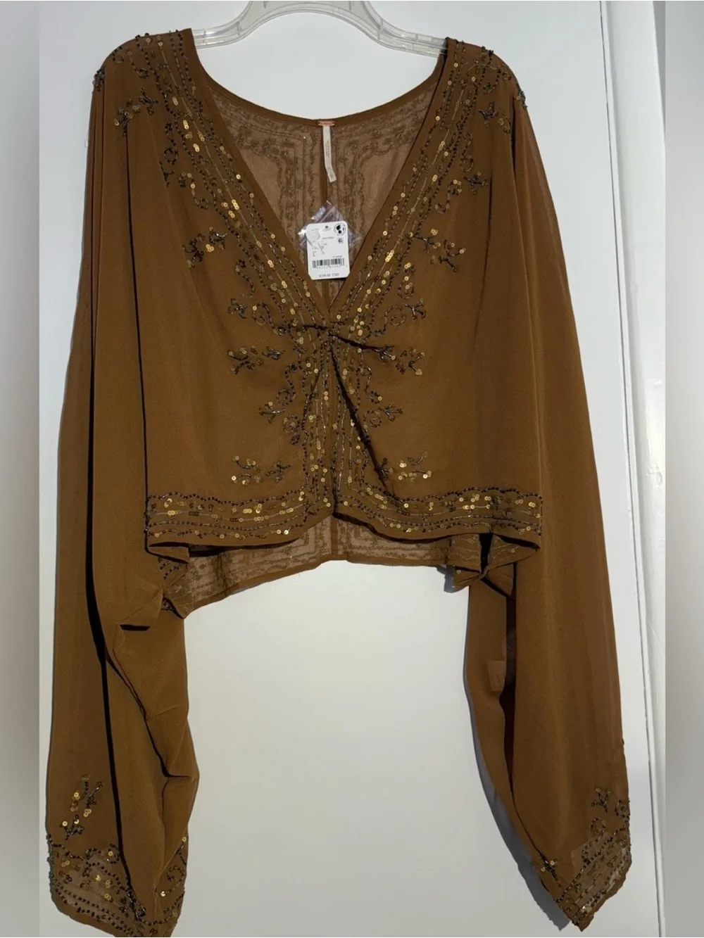NWT Free People Brown Beaded Calla Embellished Cape Western Top - Picture 10 of 13
